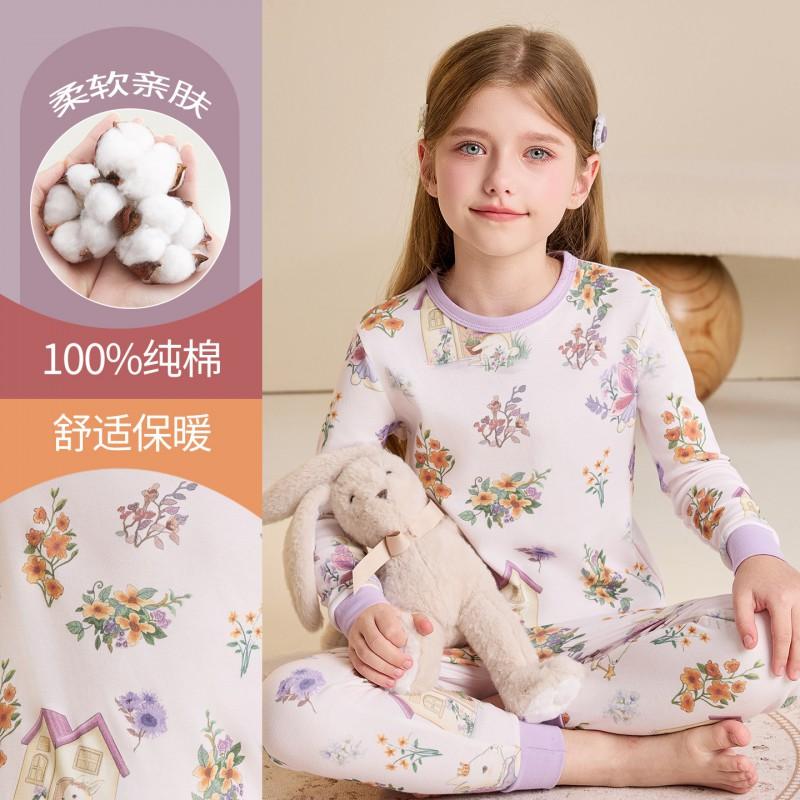 Girls Cotton Thermal Underwear Set A Class Kids Winter Warm Loungewear Cartoon Print