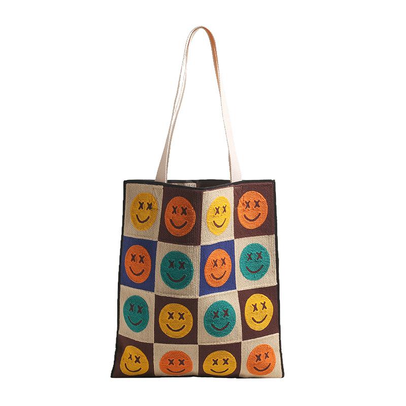 

Вязаная сумка женская 2025 новая контрастных цветов модная сумка на плечо со смайликом большая вместительная сумка-тоут сумка для учебы сумка для поездок на работу