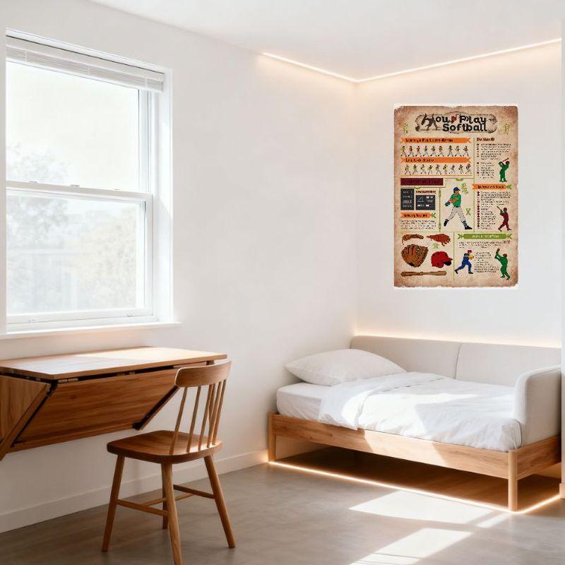 Vintage How to Play Softball Infographic Metal Tin Sign, Aged Look Softball Rules & Gameplay Guide Wall Decor for Man Cave Cafe