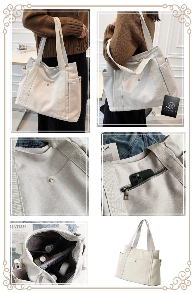 Tote shoulder for women [Aquamie] bag, canvas, bag, canvas, simple, (white)