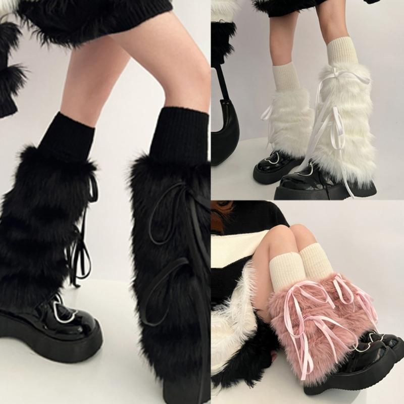 Women Gothic Punk Harajuku Plush Leg Warmers Japanese JK Sweet Ribbon Bowknot Warm Furry Boots Cover Leg Sleeve Socks