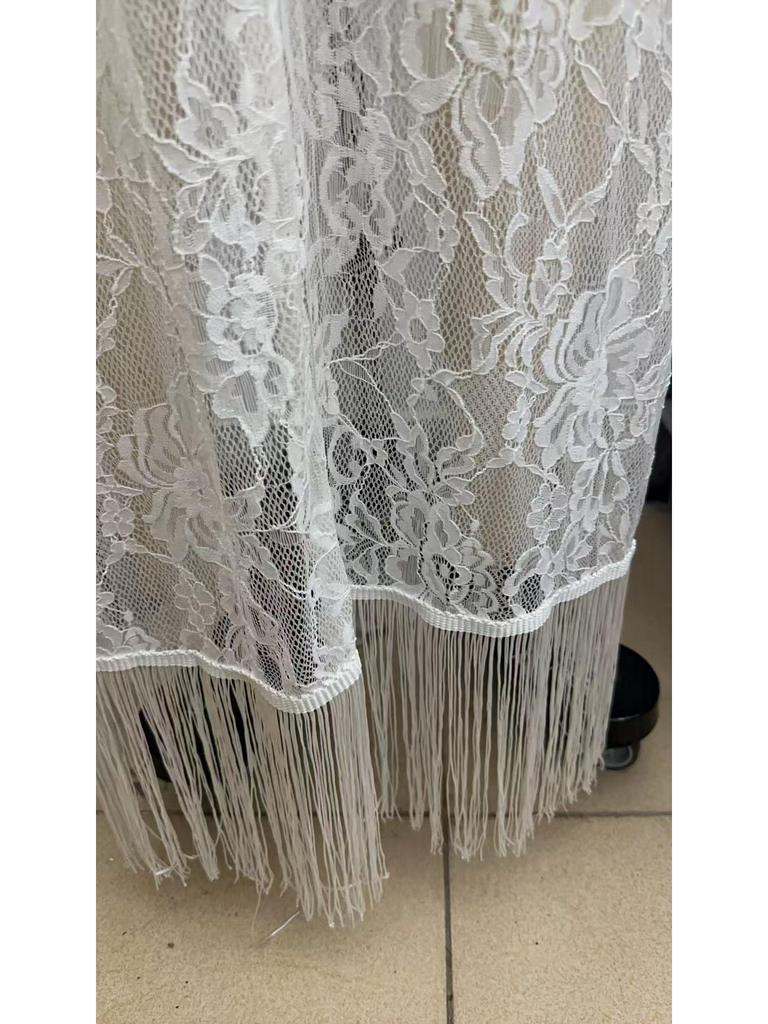 Retro White Lace V-Neck Long Sleeve Tassel High-Low Skirt