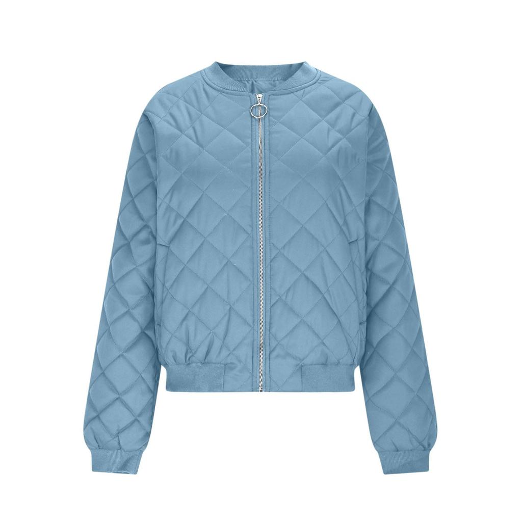 Ladies Zipper Long Sleeve Stand Collar Check Slim Baseball Padded Top Blouse Jacket Coat