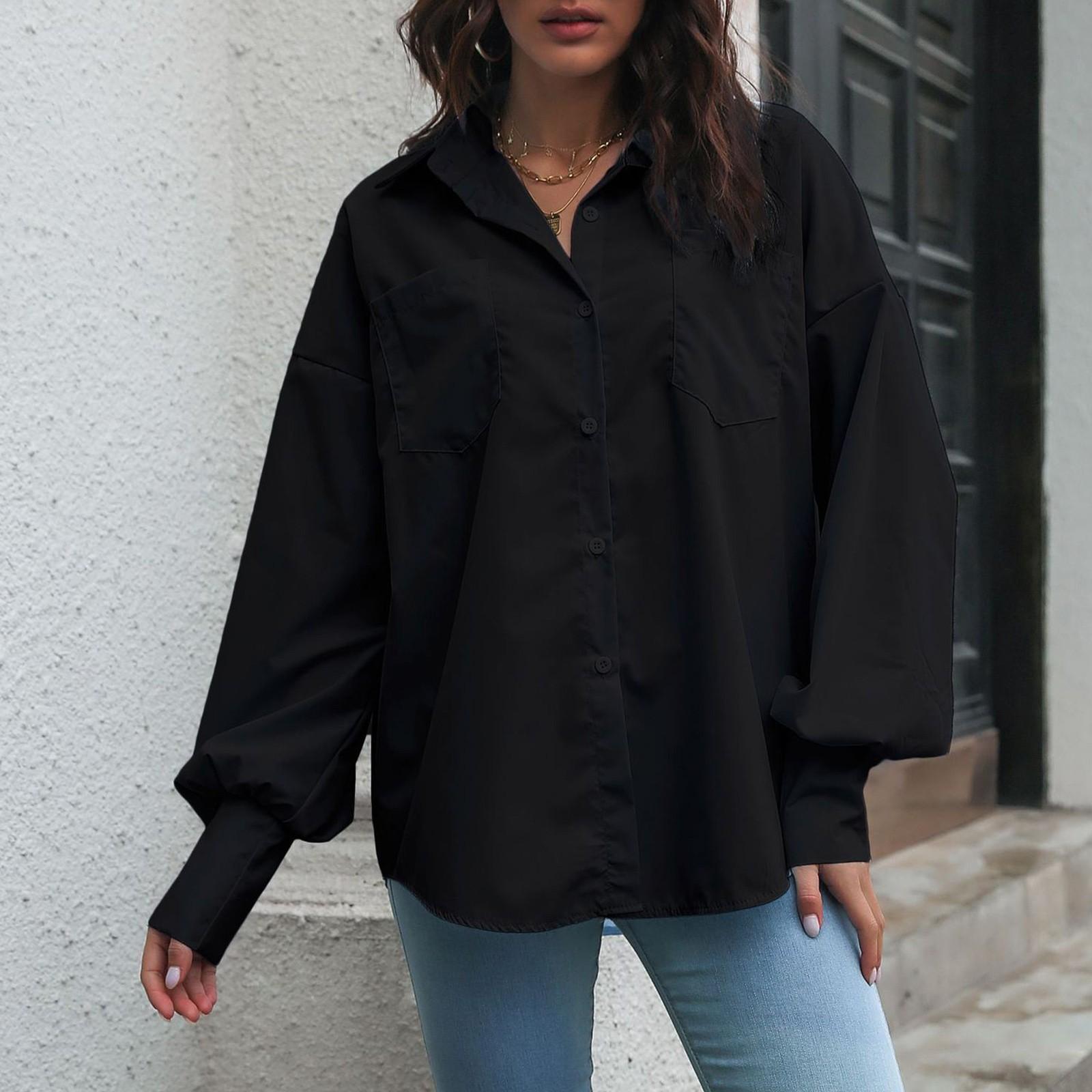Женская свободная однотонная рубашка с длинным рукавом и лацканами — фото 3