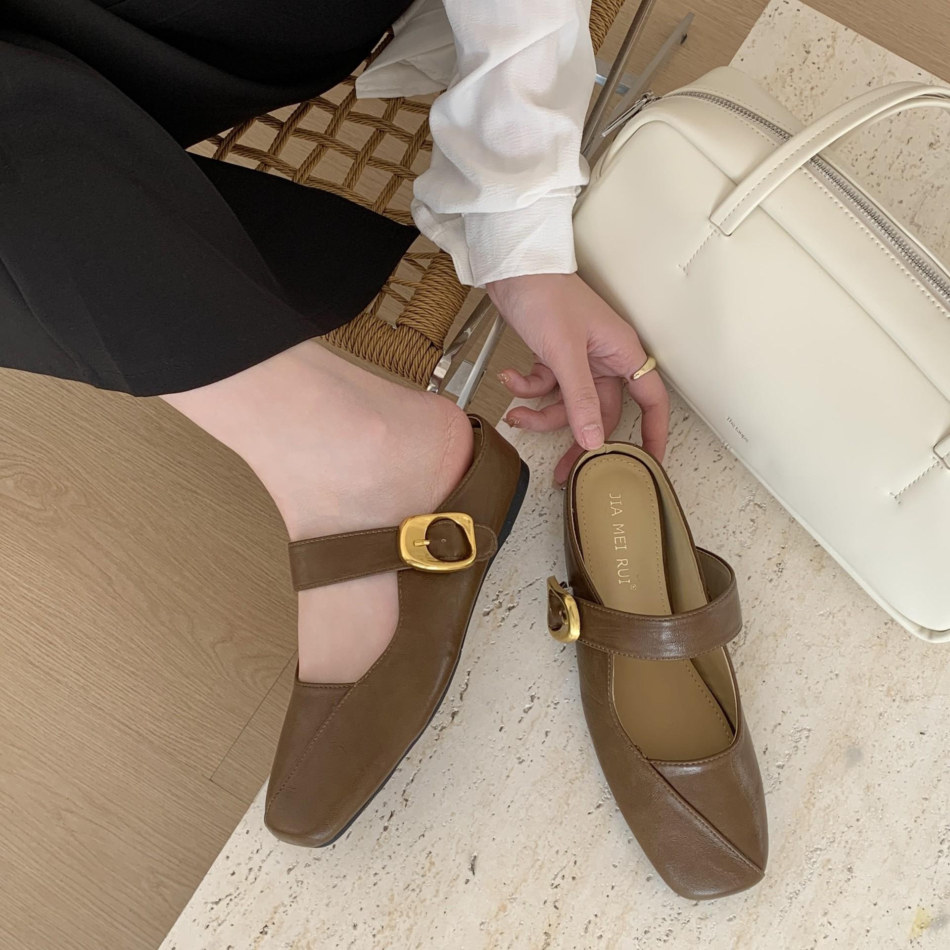 

Light And Ripe Style Square Head Mary Jane Bag Head Slippers Women S Buckle One Pedal Versatile Temperament Cool Slippers 40