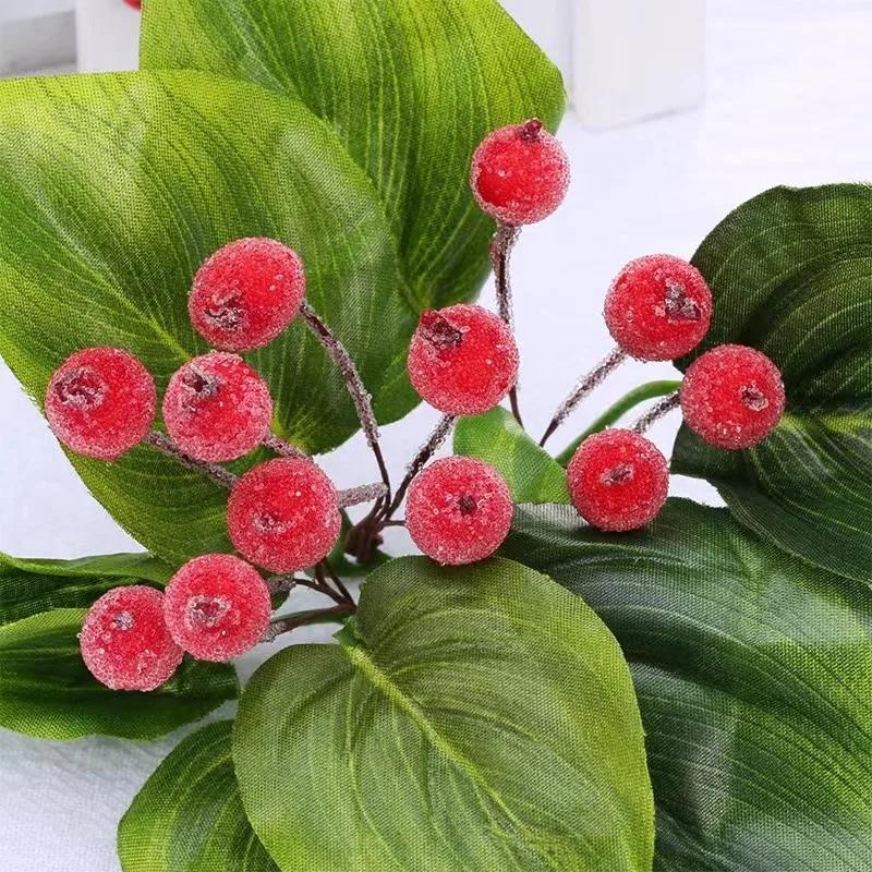 500/20pcs Mini Artificial Frosted Berry Christmas Double Head Holly Berries Fake Flowers Bouquets DIY Wreath Xmas Party Decor