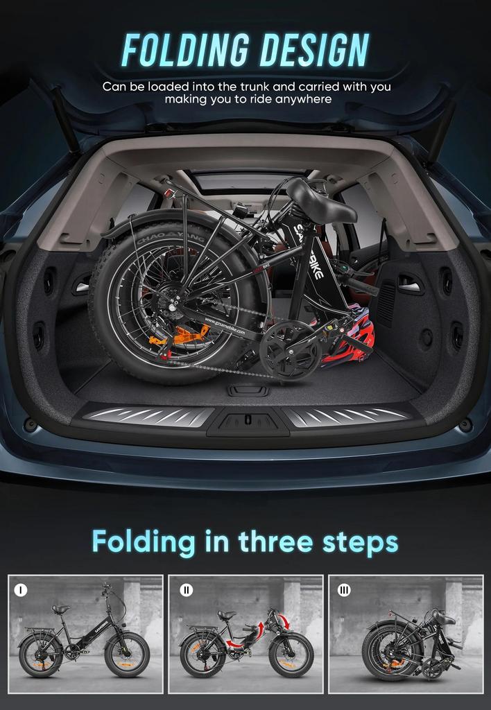 SAMEBIKE LOTDM200-II Falten Elektrofahrrad, 20 x 4,0" Fat Tire Mountain Elektrofahrrad mit 48V 13Ah abnehmbarem Akku
