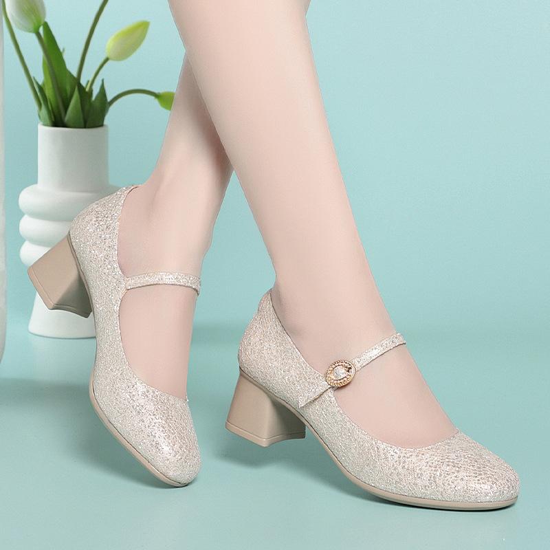 5cm Atmungsaktiv Bequem Flach Gold Bling Hochzeitsschuhe Damen Pumps 2025 Trend Frühling Mittel Blockabsatz Schuhe für Büro Model
