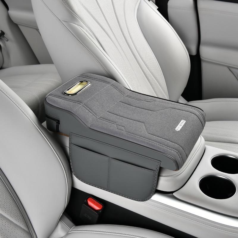 Universal Car Armrest Pad Height-Increasing Insoles Shearling Tissue Storage Box With Side Card Holder/Storage Pouch