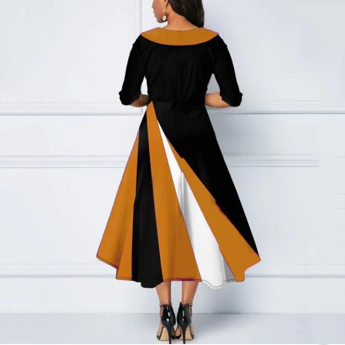 Lapel Contrast Color Stitching Single Button Waist Short Sleeve Dress