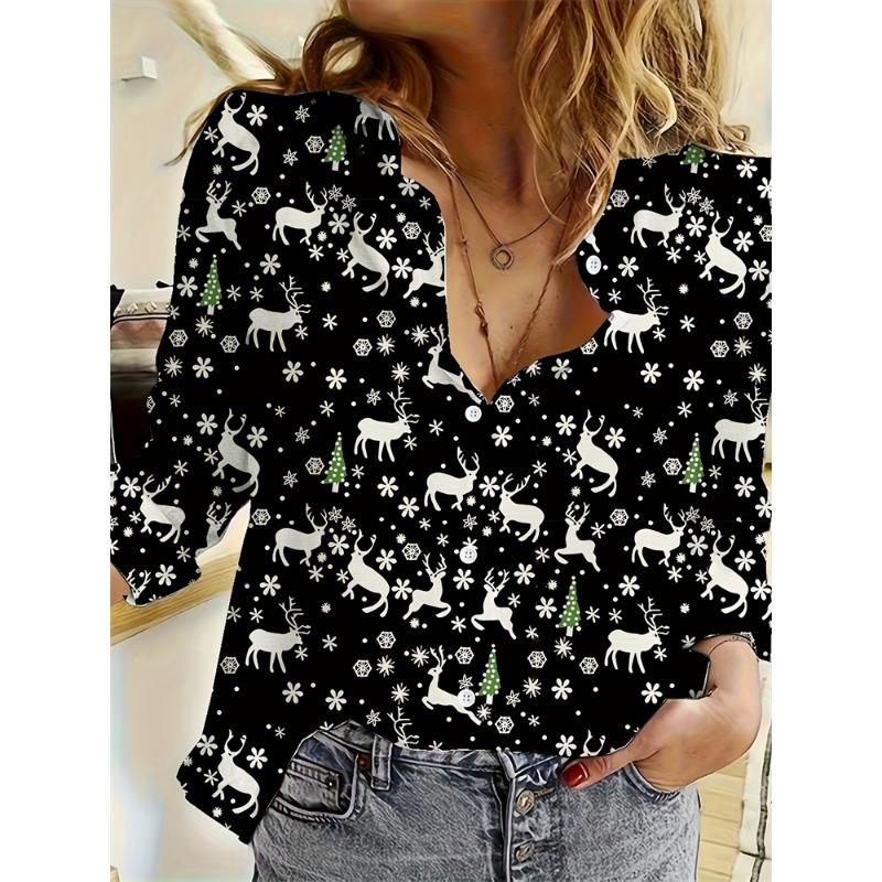 Christmas Women's Wear Casual Relaxed-Fit Button-Down Shirt Christmas Tree And Santa Claus Print Stylish Collared Shirt