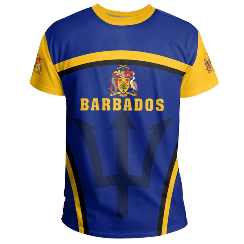 Barbados Ethnic Flag Map Print T Shirt Barbados Coat Of Arms Graphic Tee Shirt Fashion Streetwear Short Sleeves Mens Clothing