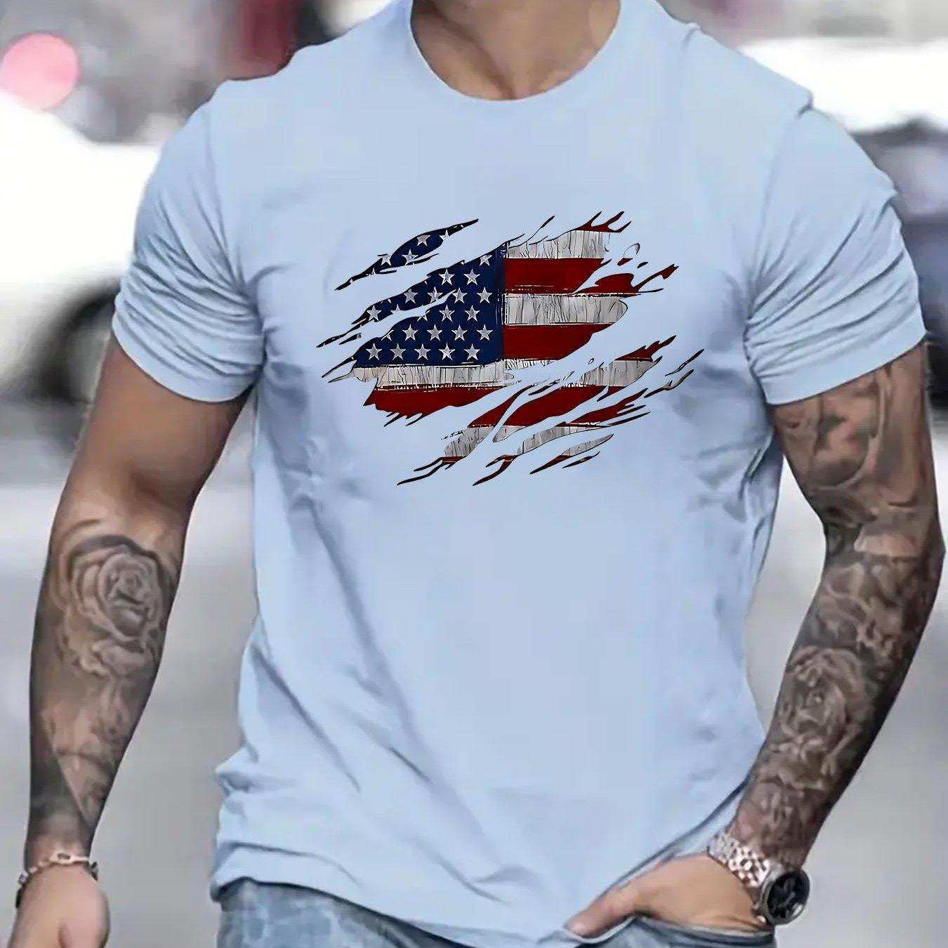 

Men s Summer Casual Loose Size Trendy American Flag Pattern Print Round Neck Short Sleeve T-shirt Top S