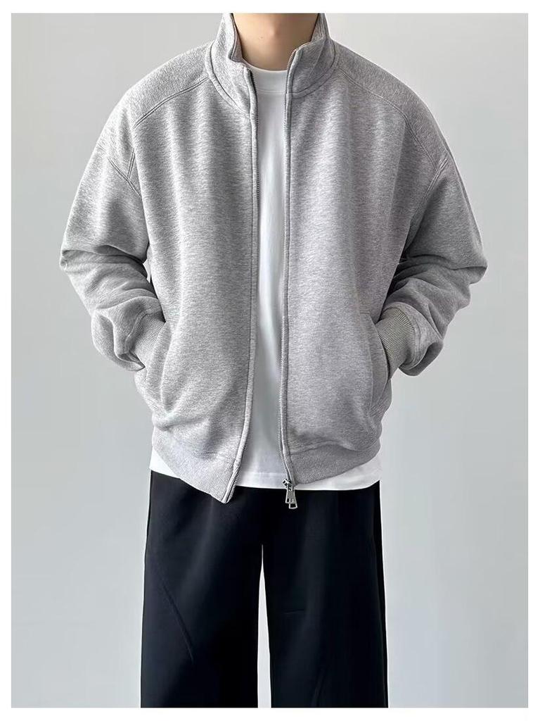Men's Double Zipper Stand-up Collar Cardigan Hoodie - 2025 Casual Solid Color Outerwear for Spring & Autumn