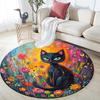 Black Cat in Flowers Round Area Rug,Carpet Rug for Living Room Bedroom Sofa Playroom Decor,Non-slip Floor Mat