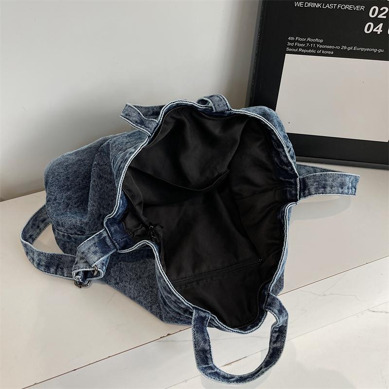 Large Capacity Denim Tote Bag Commuter Handbag Vintage Student Class Shoulder Crossbody Bag