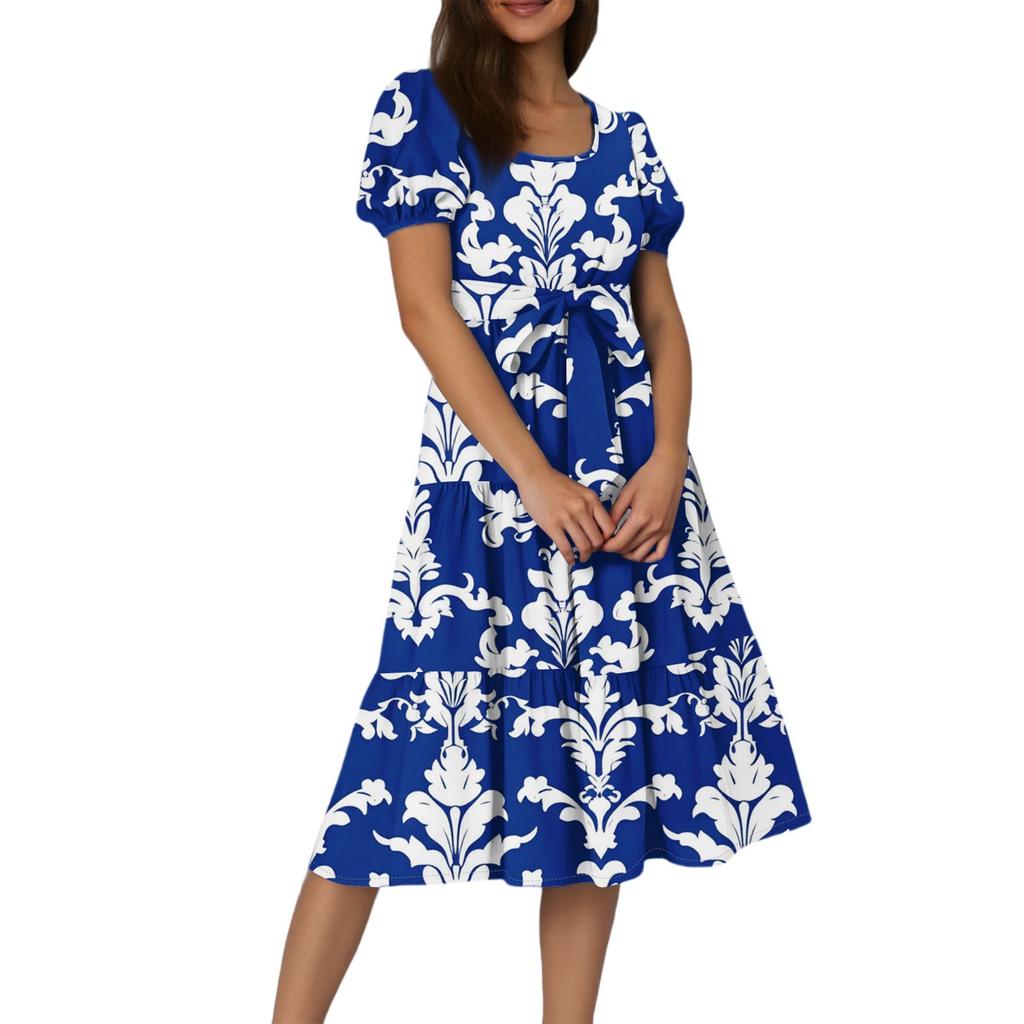 Women's Summer Floral Print Short Sleeves Neck Waistband Bohemian Flowy Maxi Dress With Pockets