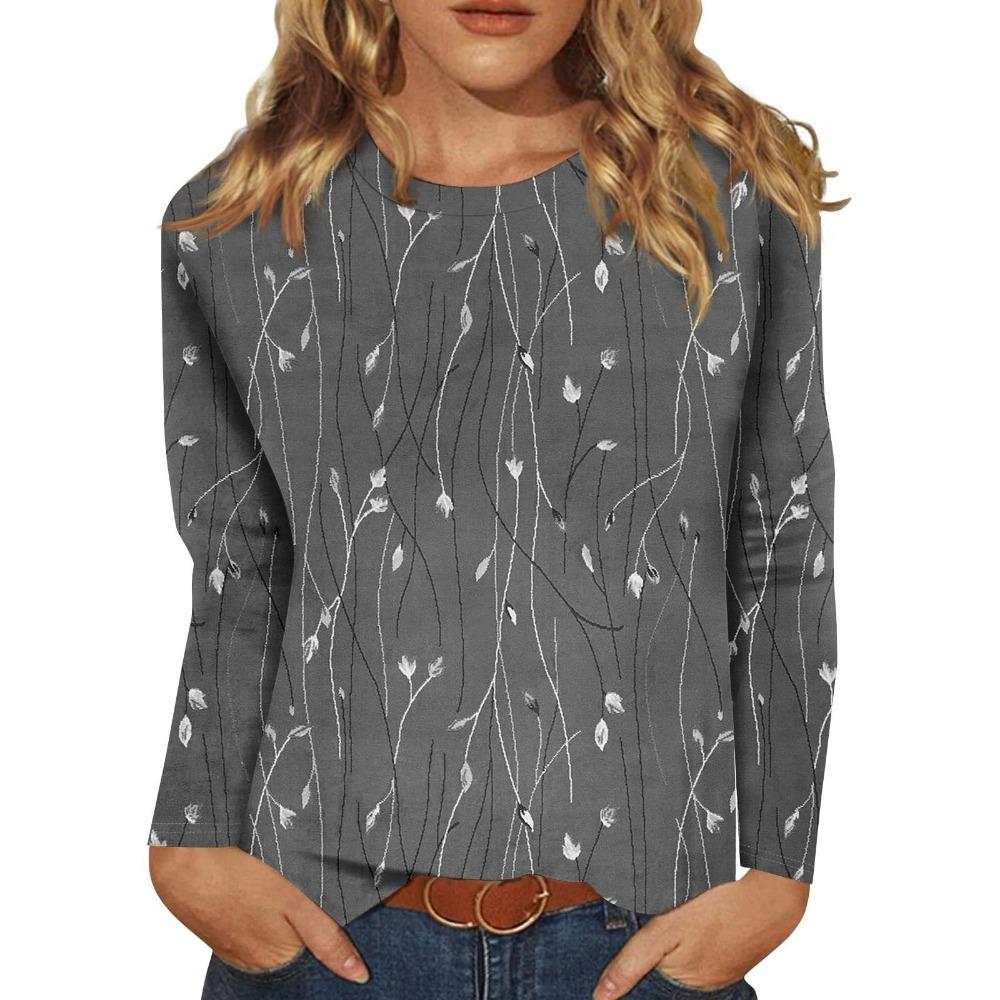 2026 Women's Casual Elegant Spring/Summer Large Love Printed Solid Color Loose Round Neck Long Sleeve T-shirt