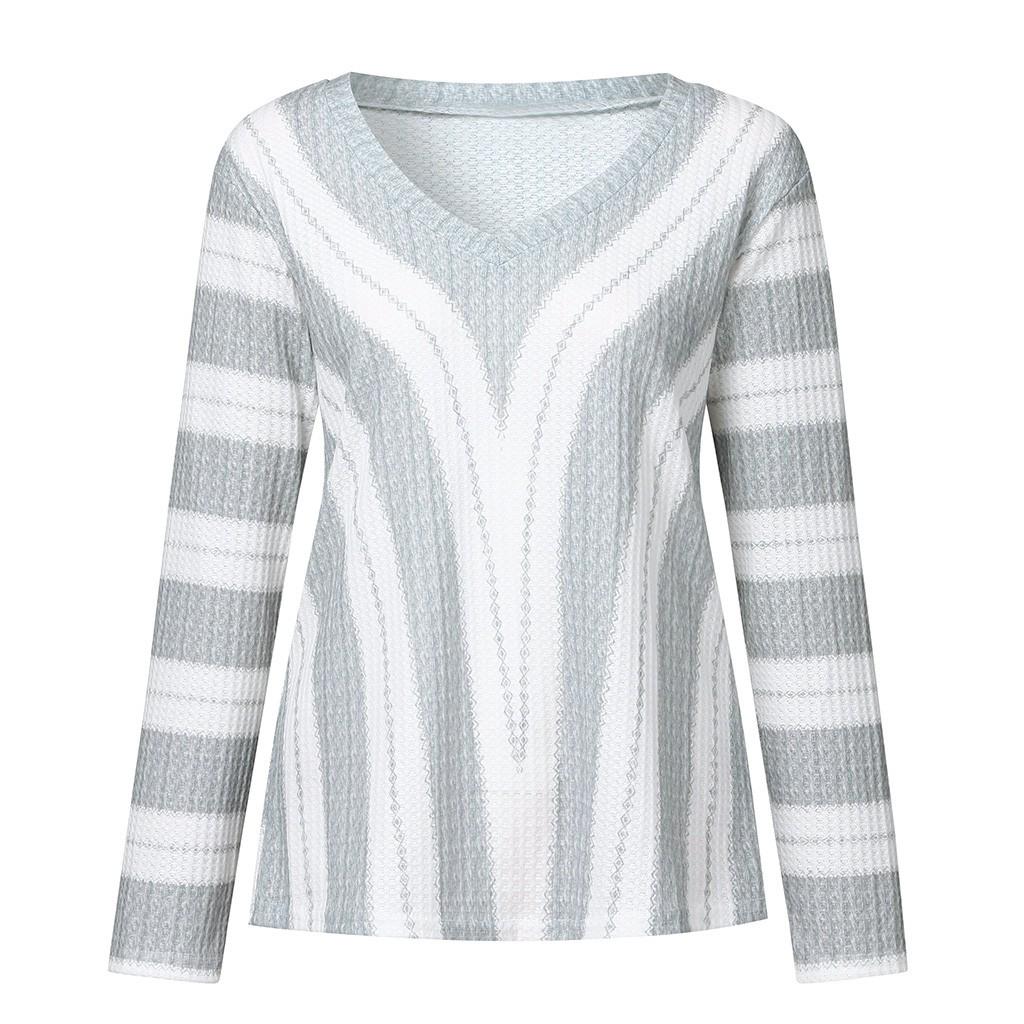 Fashion Womens Long Sleeve V Neck Striped knitting Casual Tunic Blouse
