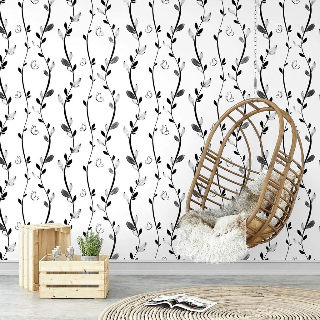 Black Floral Peel and Stick Wallpaper Black Vine Butterfly Self-Adhesive Wallpaper Removable Modern Stick and Peel Contact Paper