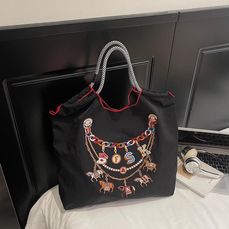 2026 Spring Japanese Style Eco-friendly Nylon Embroidered Tote - Large Capacity Casual Single Shoulder Bag for Women