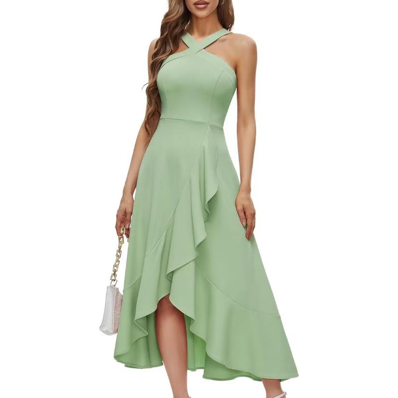 Vestido Midi Sexy Rojo para Mujer con Cruces en el Cuello Halter Volantes Dobladillo Asimétrico Sin Mangas Elegante para Noche Cóctel Boda Dama de Honor Fiesta Formal Baile de Fin de Curso