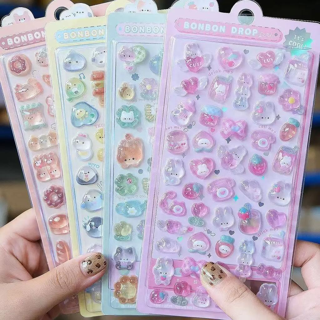 1-6Pcs Kawaii 3D Jelly Resin Stickers Cute Cartoon Sparkle Transparent Decals For Scrapbooking Phone Case Laptop Diy Decor.