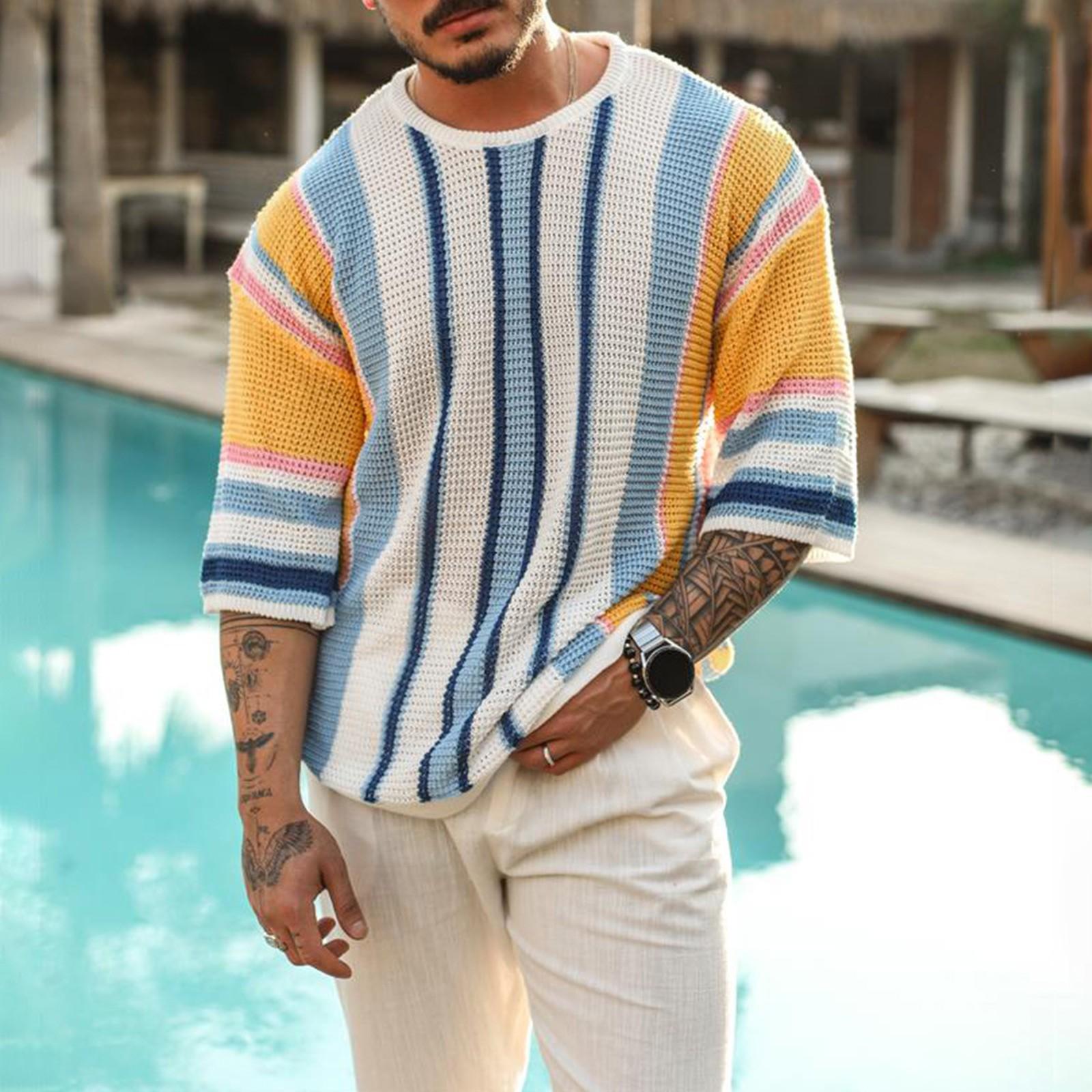 

Мужской летний свитер с круглым вырезом и средними рукавами, вязаный в полоску XL белый