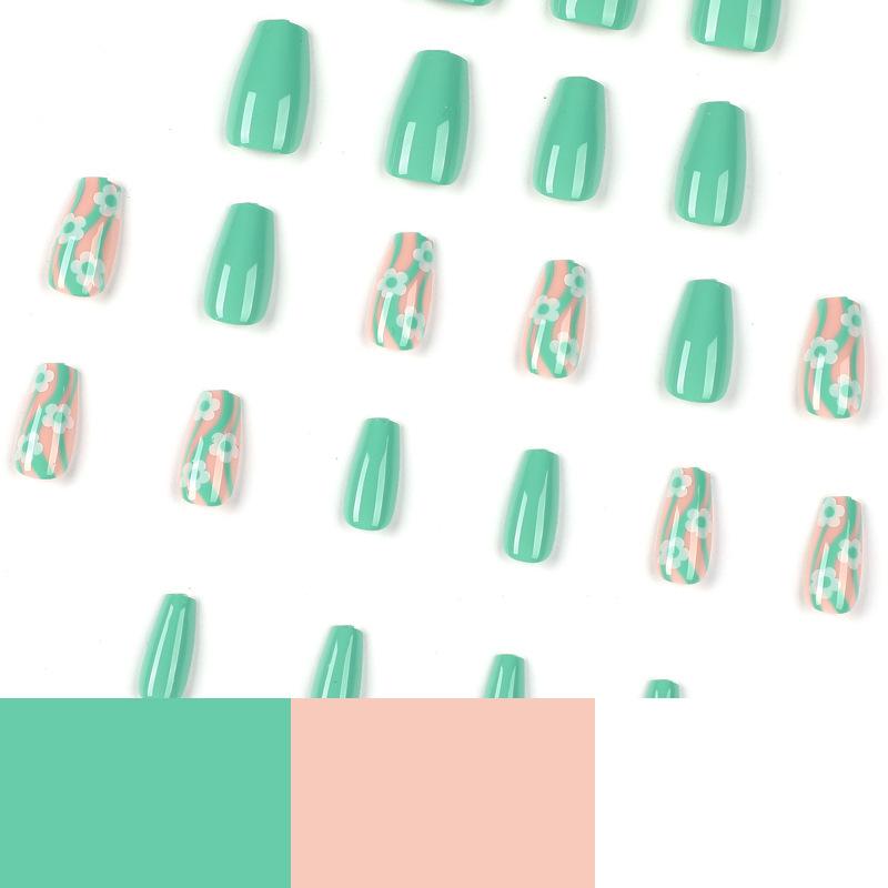 Nail Art Wearing Nail Short Green Wave White Flower Wearing Nail Art Nail Piece Wearing Nail Piece