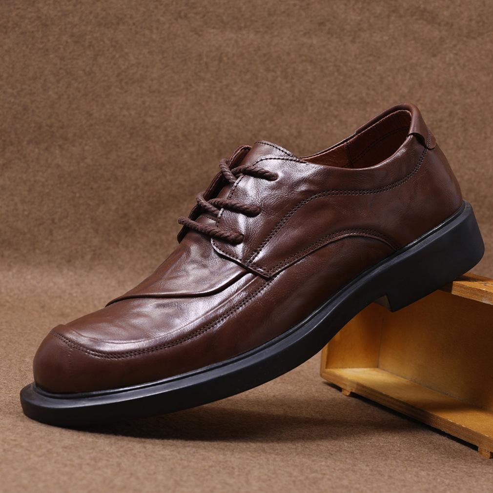 

Cowhide Men s Leather Shoes Breathable Lace Up Round Toe Versatile Soft Sole Wear-resistant British Formal Business Casual Men s Shoes 38