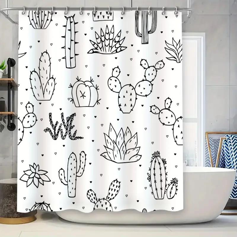 

Hand Drawn Cactus Shower Curtain Bathroom Decor Unique Home Accessory for Your Bathtub or Sink Area White Black Color with Flowe W90xH180cm