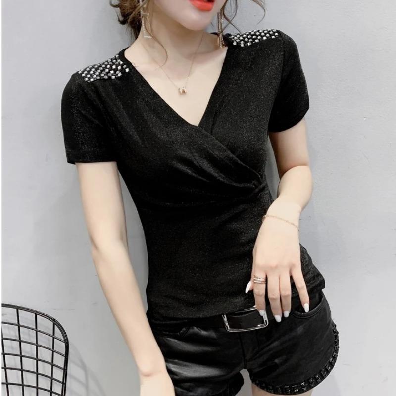 Women's Black Glitter Cross V Neck Rhinestone Shoulder Slim Short Sleeve T-shirt