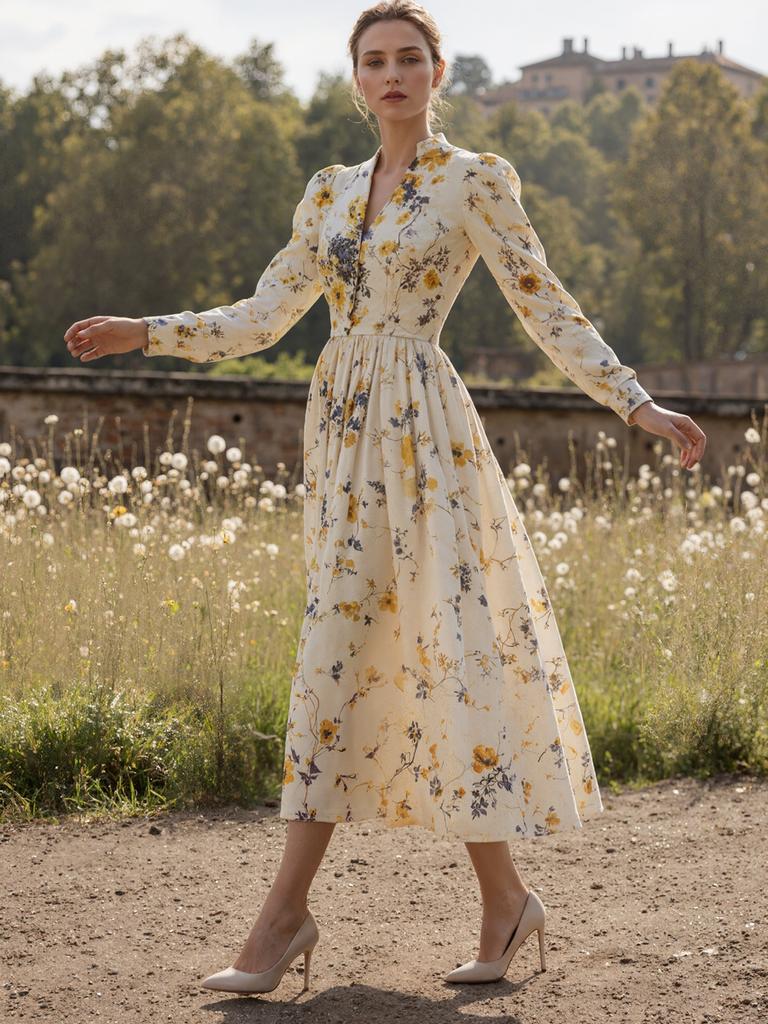 Vintage Casual V-Neck Floral Long Sleeve Women's Dress Maxi Dress Spring New Arrival