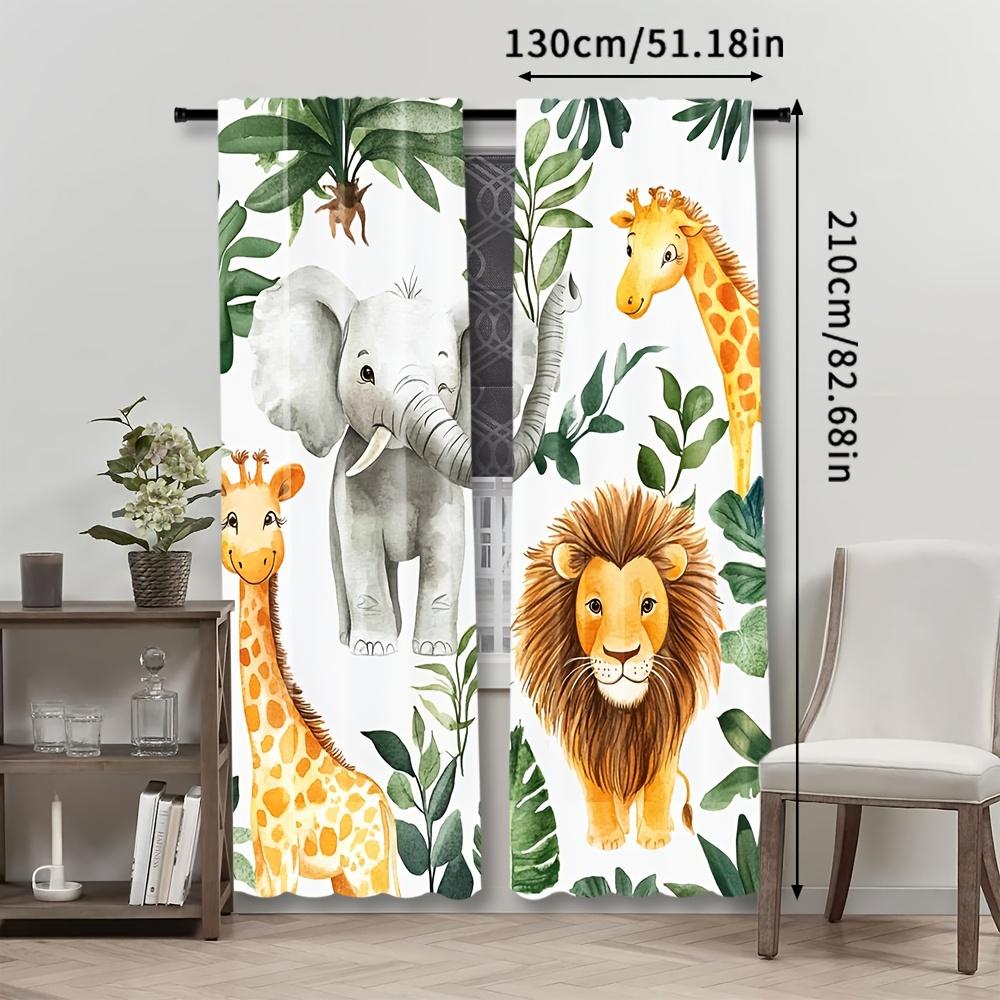 2pcs Safari Animal Adventure Curtains - Woodland Jungle Print with Lion, Elephant & More, Rod Pocket Design, Semi-Transparent Po