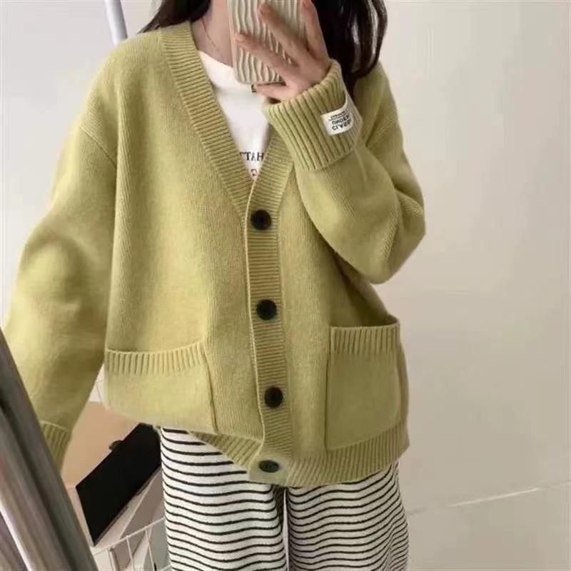 Ny retro strikket cardigan for høst og vinter i koreansk stil, løs og slankende med oppbrettede ermer, myk og myk genserjakke for kvinner