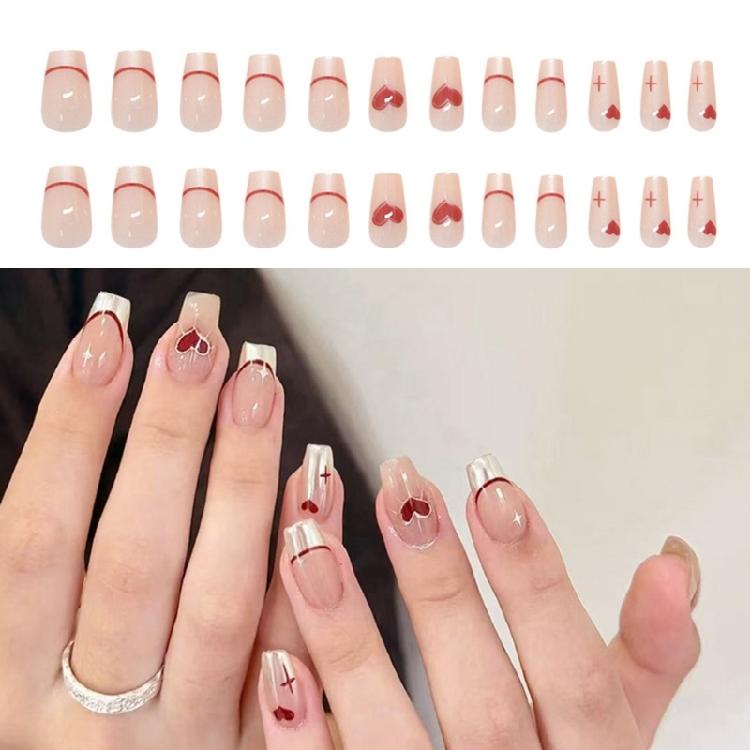 Fashionable Short Square Valentines Day False Nail French Tips Heart Designs Press On Nail Artificial Nail for Women