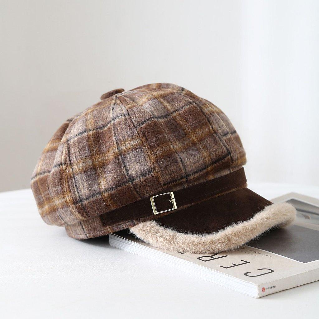 Vintage Grid Pattern Wool Octagonal Hat With Warmth And Windproof For Winter Wear