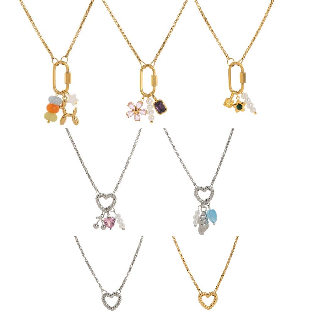 Stainless Steel Heart Beaded Necklace Crystal Flower Pendant Necklace  Vacation