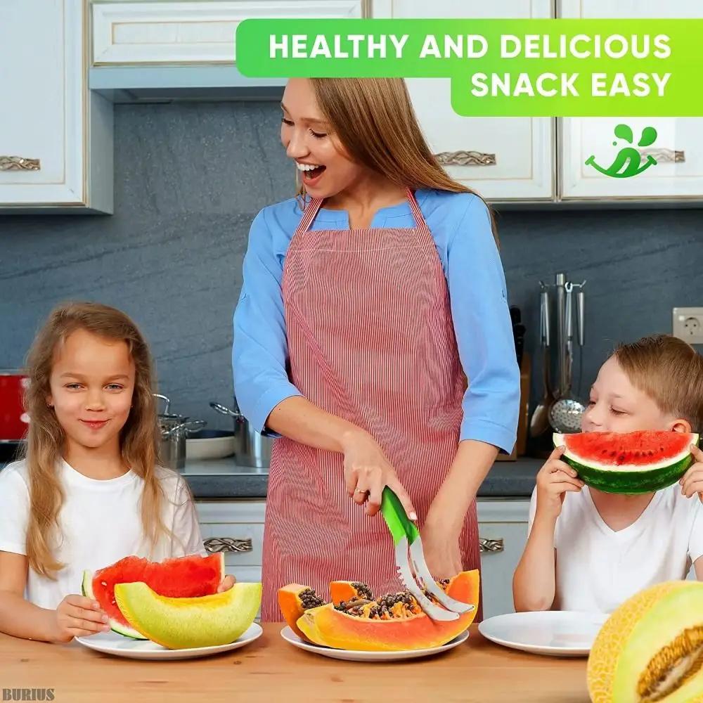 Stainless Steel Watermelon Slicer Non-slip Cutter Melon Cutter Plastic Wrap Handle Kitchen Gadget Fruit Cutting Tool Summer