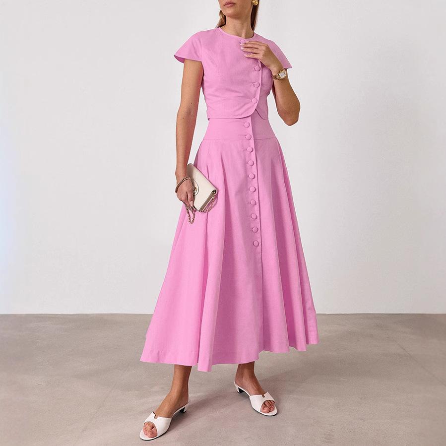 

Розовый укороченный топ с короткими рукавами на пуговицах и комплект с длинной юбкой с высокой талией, элегантный женский наряд L розовый