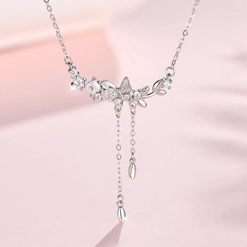 Hwajian Luxury Zircon Butterfly Tassel Necklace for Women - 2024 Elegant Clavicle Chain