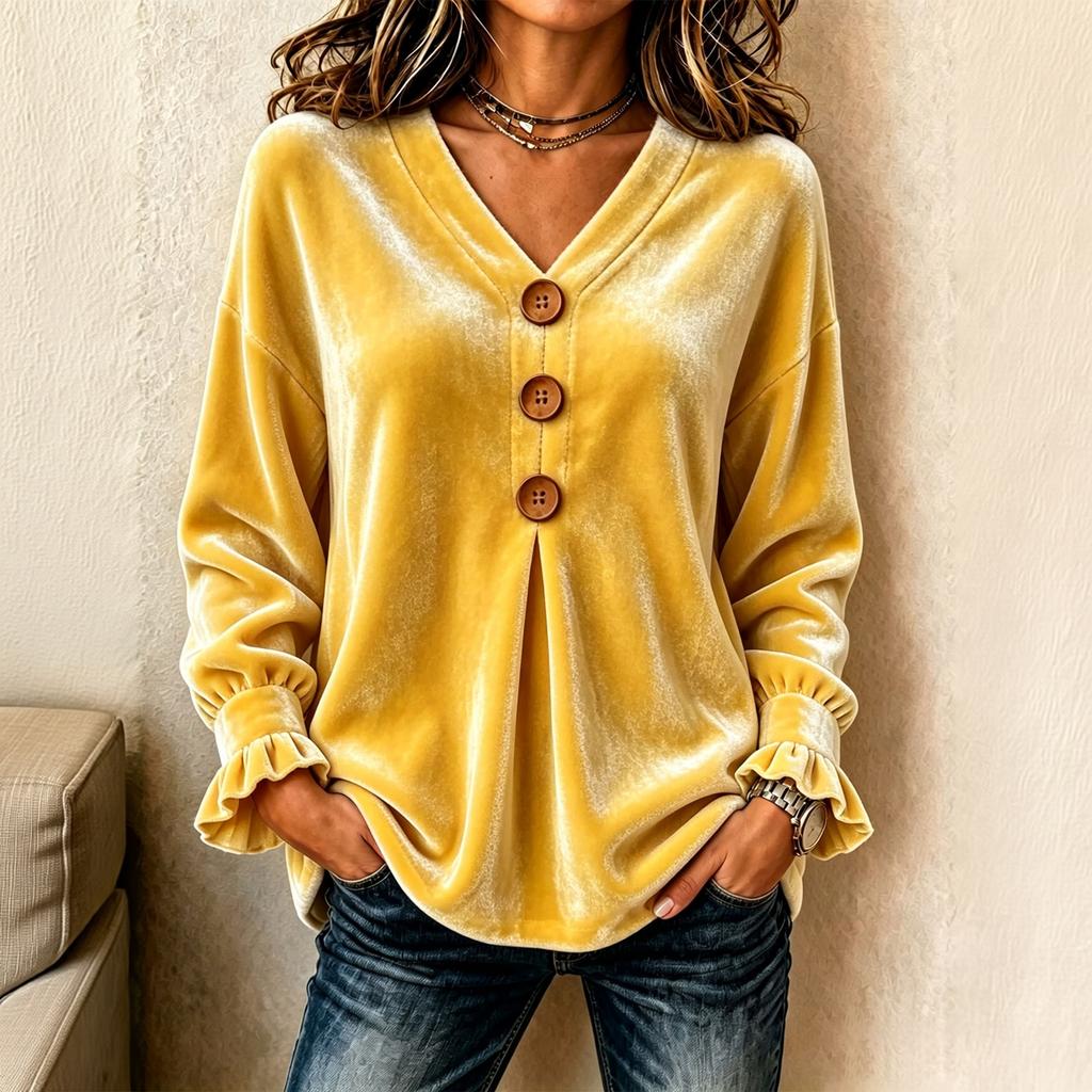 Women's Velvet V-Neck Long Sleeve Top Casual Loose Fit Color Blouse