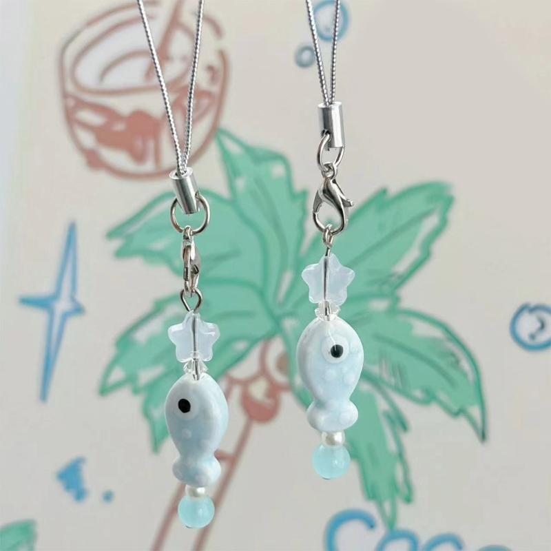 Sweet Blue Fish Beads Charm Pendant Chain Phone Strap Pocket Keychain Strap Hangings Decoration for Key Bag Purse