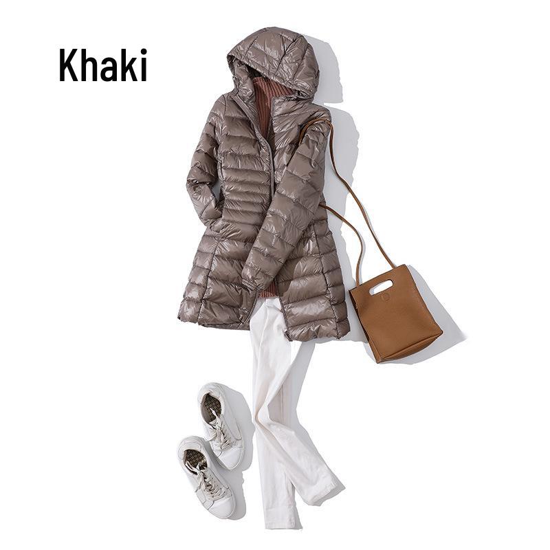 Women's Mid-Length Lightweight Hooded Down Jacket - 2025 Autumn/Winter Slim Fit Plus Size Outerwear