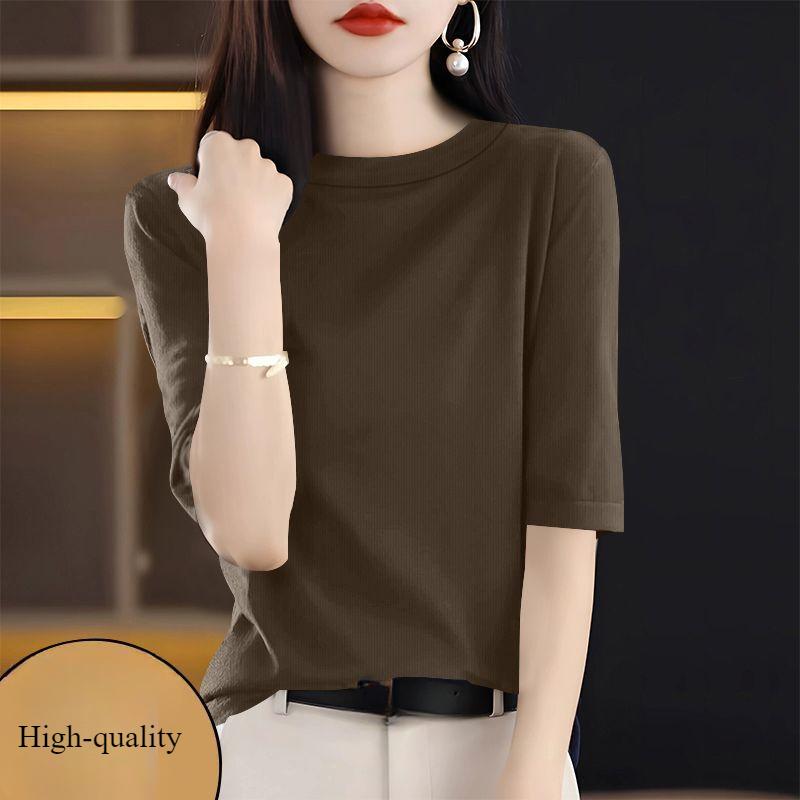 Summer Women's Threaded T-shirt  Slim Simple High-stretch T-shirt Solid Color Round Neck Half-sleeved Knit T-shirt