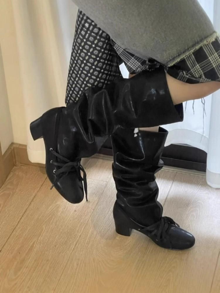 Sheepskin version~ retro round head strap pleated stacking boots women's thick heel high boots 2025 new western cowboy boots