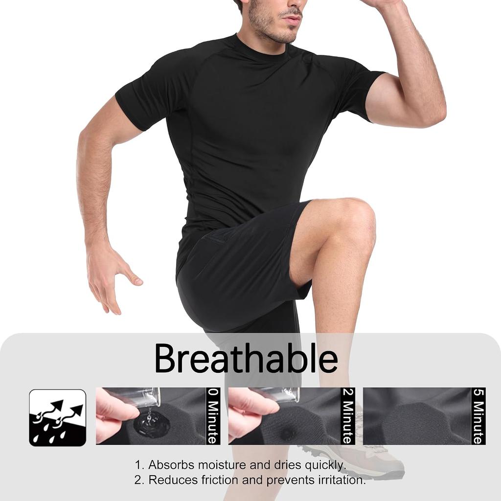 Men's Compression Shirts Cool Dry Short Sleeve Baselayer Athletic Workout T Shirts, Black