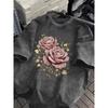 Skull Love Rose Gothic Graphic Print T Shirt Washed Casual Loose Streetwear Daily Wear Short Sleeve Dark Style Top