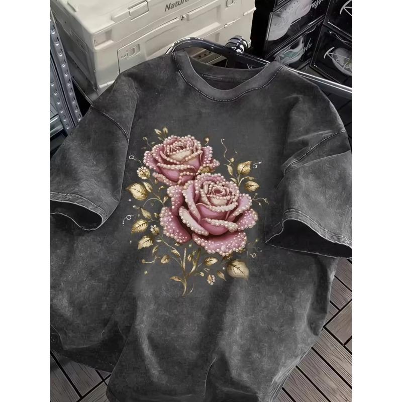 Skull Love Rose Gothic Graphic Print T Shirt Washed Casual Loose Streetwear Daily Wear Short Sleeve Dark Style Top