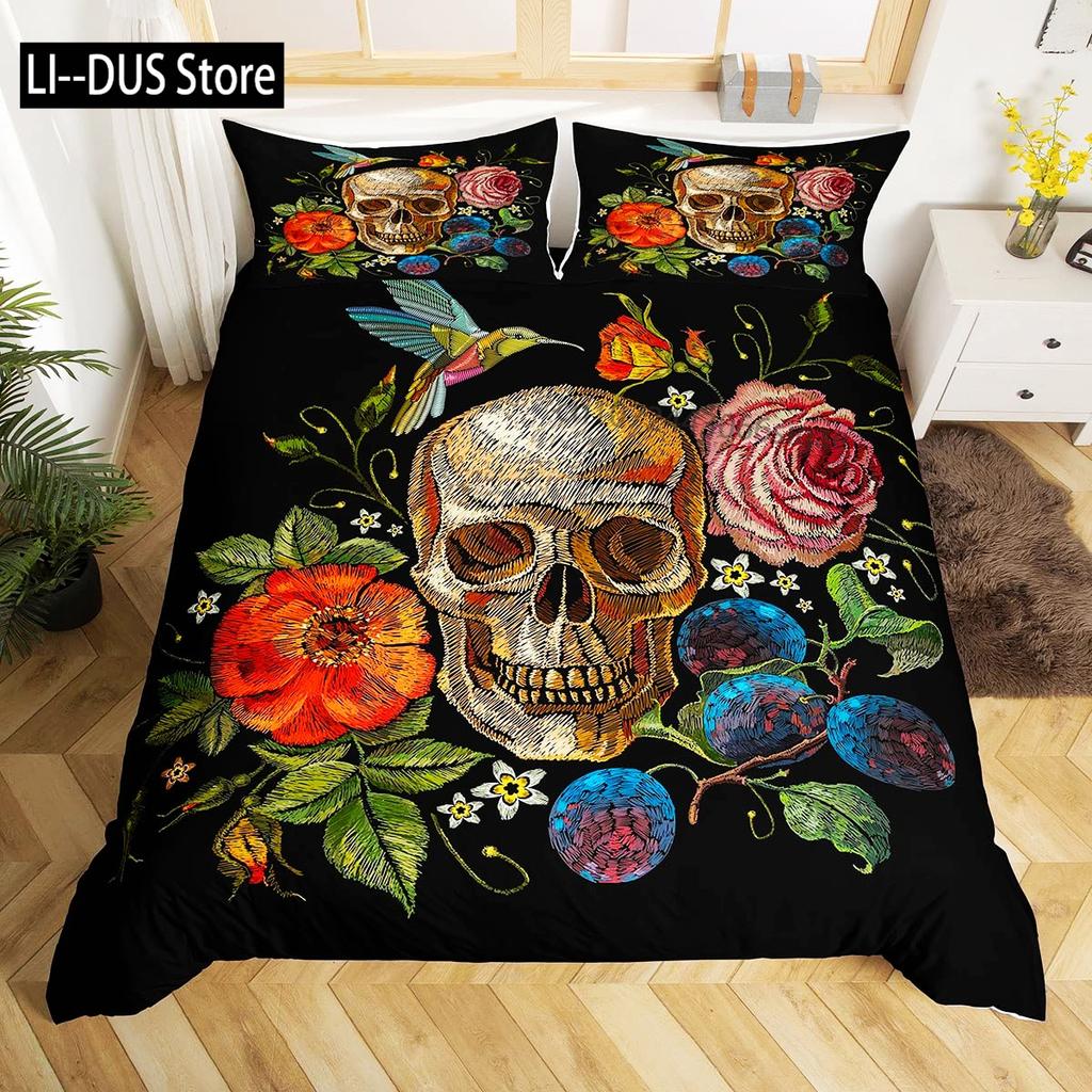 Sugar Skull Bedding Sets Queen King Full Size For Kids Colorful Flower Skeleton Bedding Decor Set With Pillowcases Room Decor